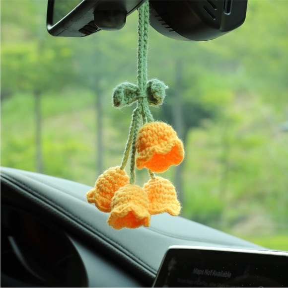 Handmade Woven Bell White Flower Plant Pot Knit Car Mirror Hanging Accessory - Picture 8 of 10